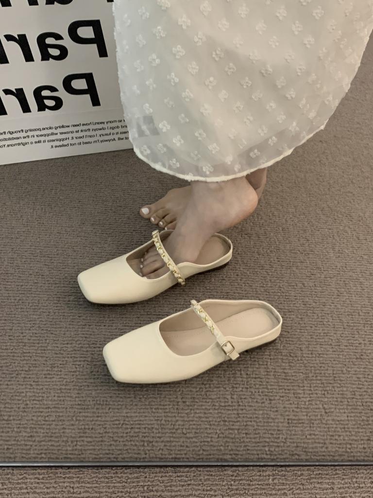 Gentle Half Slippers Flat Bottom Season Shallow Card Chain Temperament Mary Jane Shoes Bag Head Single Shoes