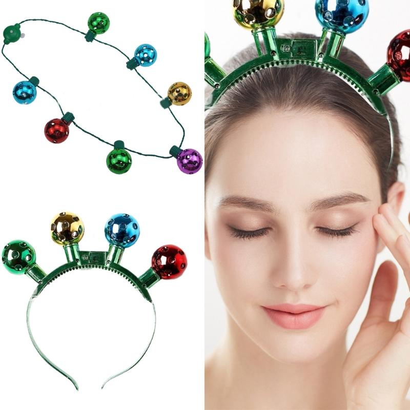 2pcs Christmas LED Headband Necklace Set Festival Party Headdress Jingle Bells Headhoop Party Props Costume Accessories