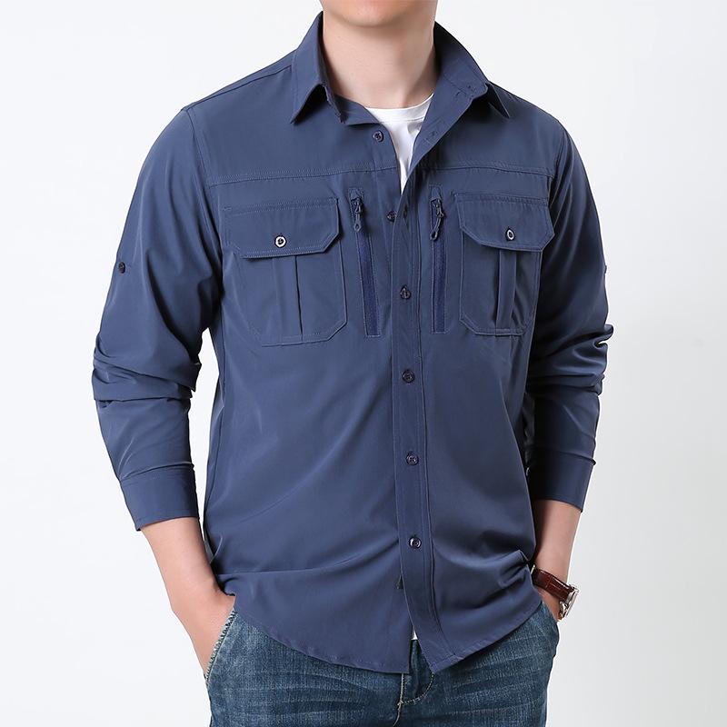 Men's Quick-Dry Military Tactical Outdoor Shirt, Long-Sleeve, Elastic, Breathable, Multi-Pocket Workwear for Spring & Autumn