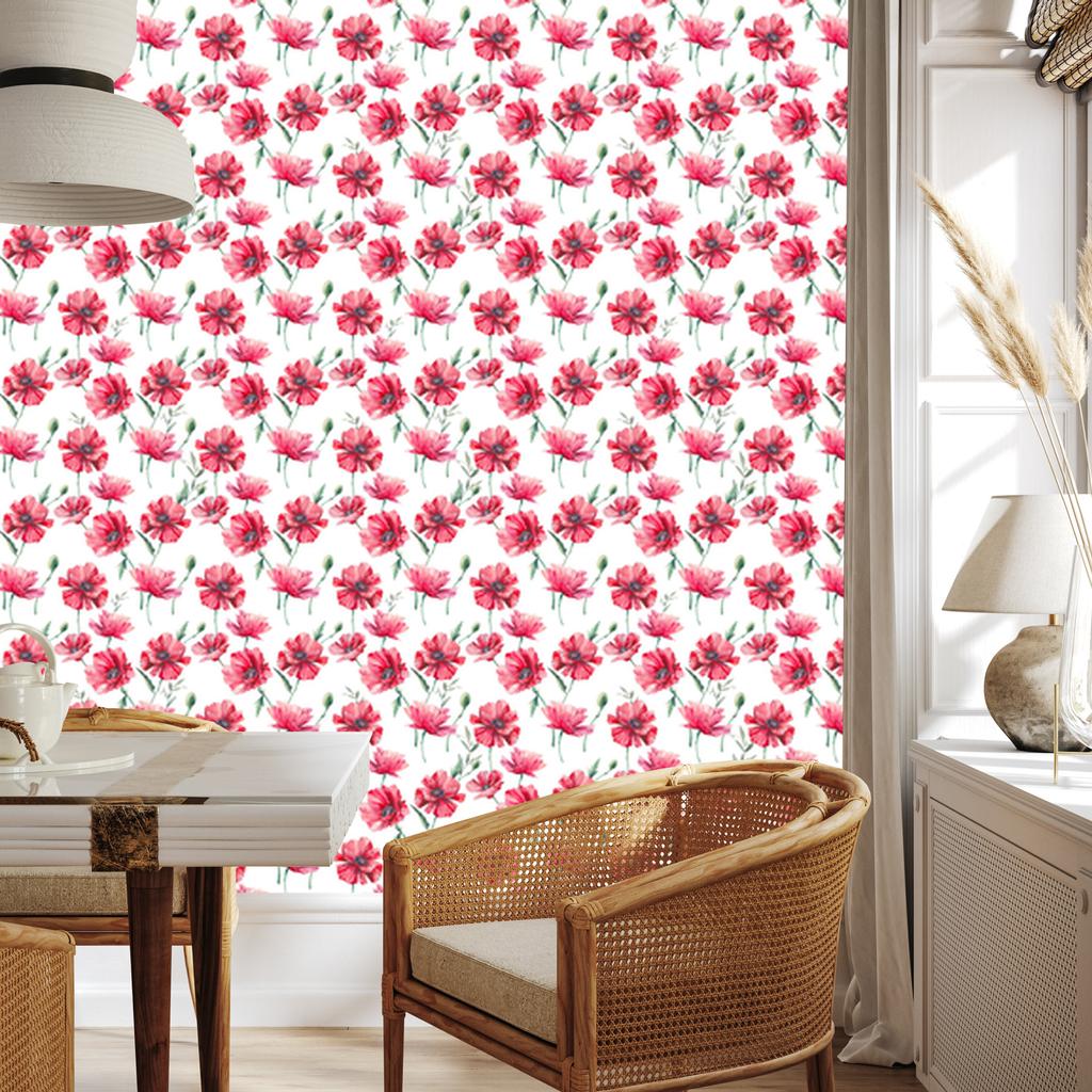 Painted Poppies with Leaves Wallpaper for Living Room and Bedroom 50x1000