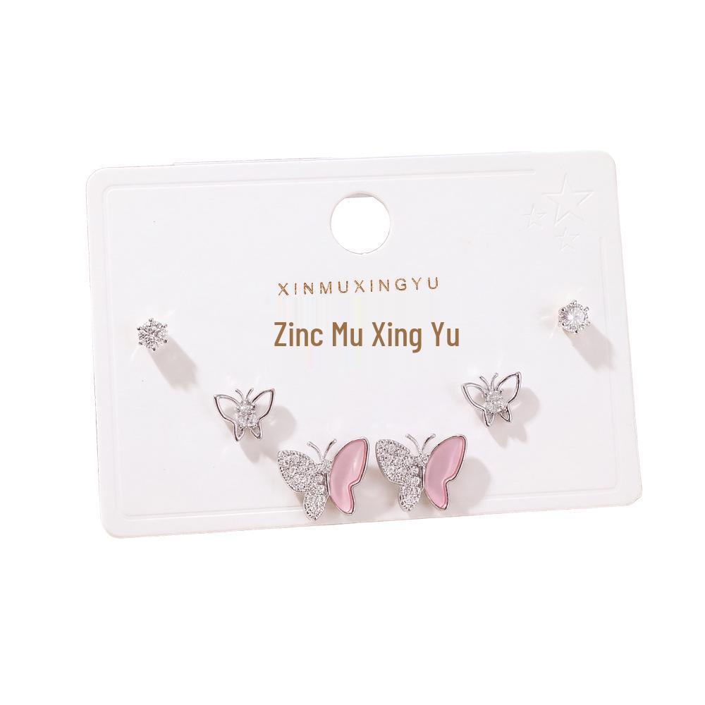 Copper-Plated Gold Butterfly Diamond Stud Earrings Set - Sweet Pink, 3 Pairs