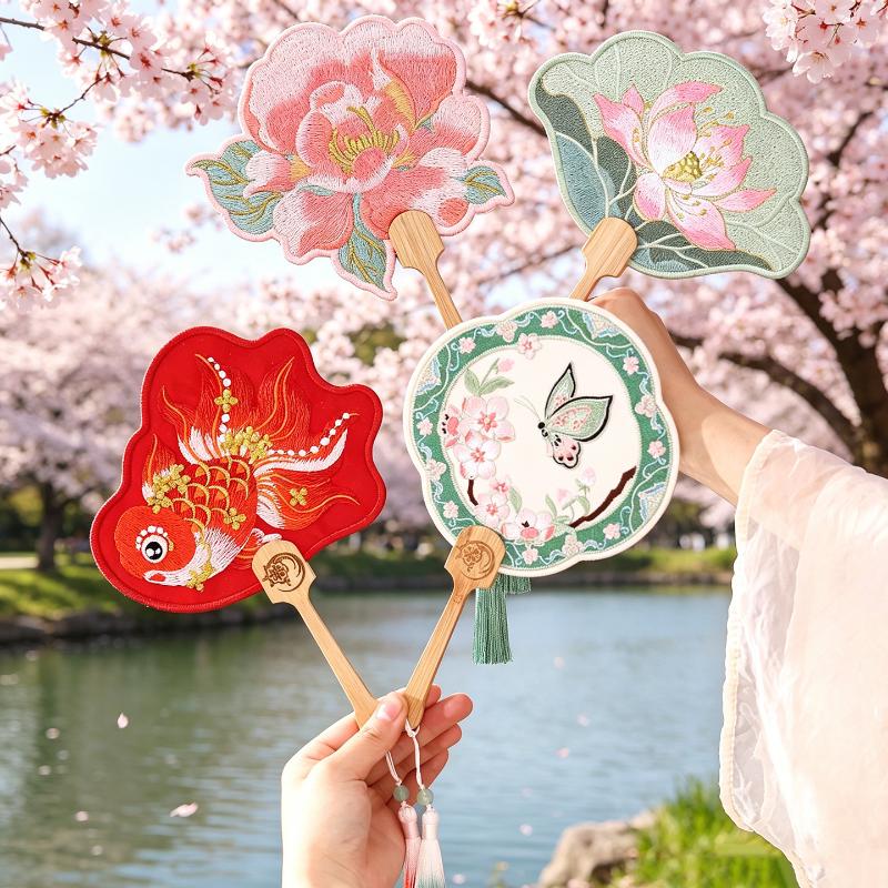 Ancient Handheld Flora Embroidered Fan with Pendant Floral Shaped Chinese Style Fan Butterfly Tassels Group Fan Photography Prop