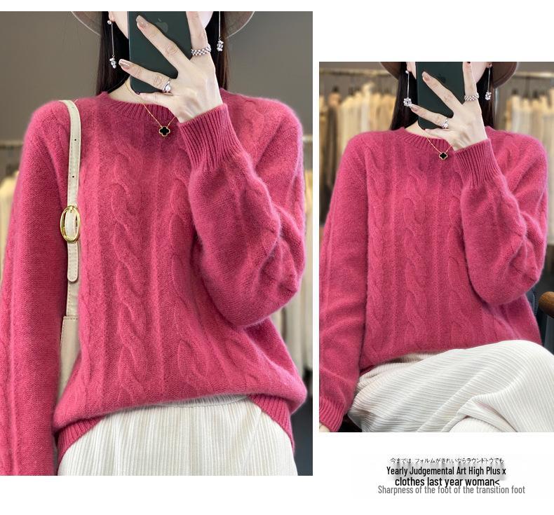 2023 Thick Cable Knit Round Neck Wool Sweater - Heavyweight, Loose Fit, Slimming Base Layer Top.
