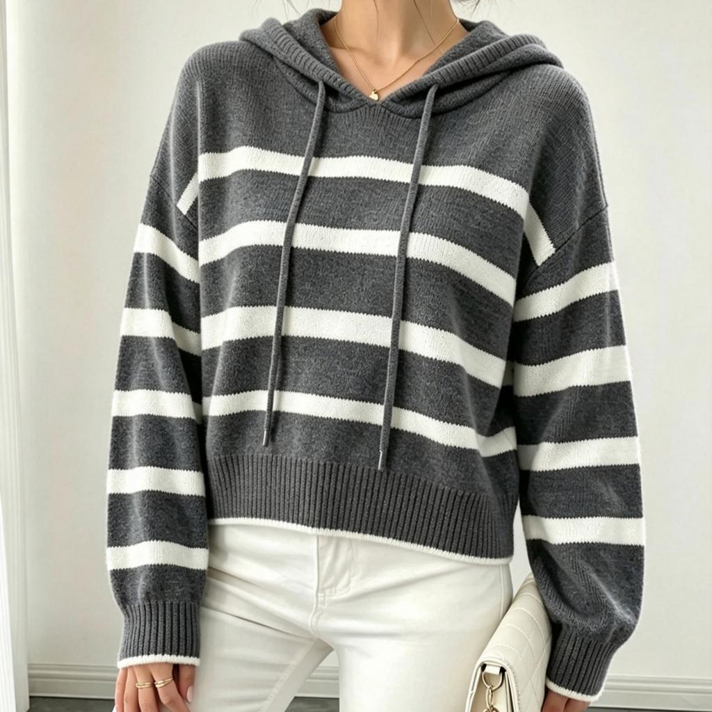 Women's Hooded Striped Pullover Knit Sweater for Fall Winter