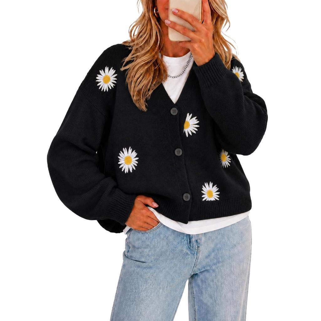 Women's Single Breasted Embroidered Knit Cardigan Sweater with Button Front and Long Sleeve