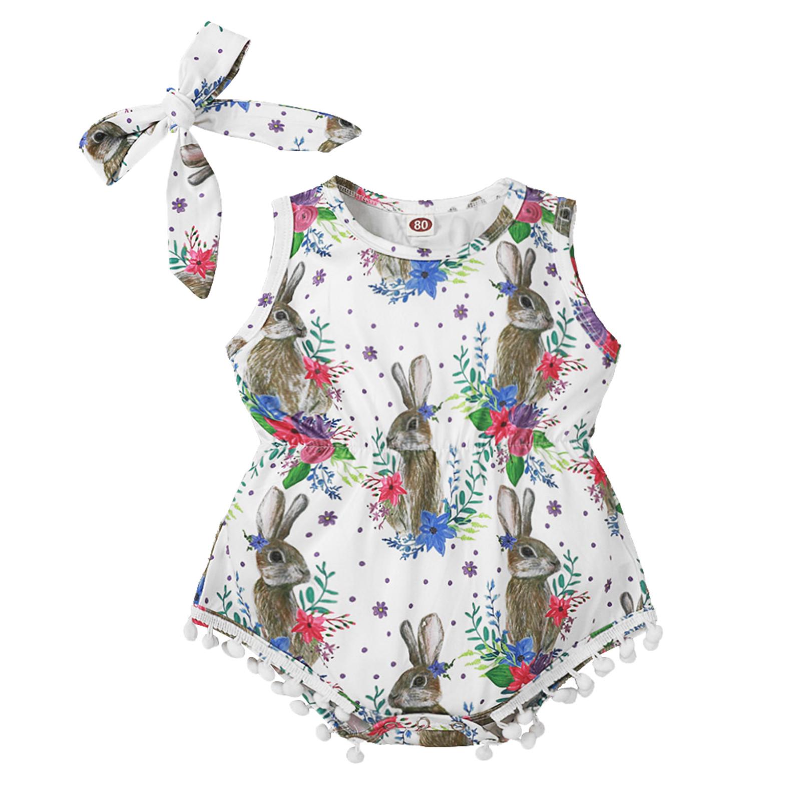 

(SU)Жилет для новорожденных девочек, комбинезон с цветочным принтом «Пасхальный кролик», боди + комплект с повязкой на голову 86 белый