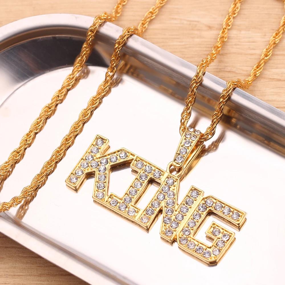 Hip Hop Queen King Letter Pendant Punk Man Bling Bling Iced Out Cuban Chain Fashion Glamour Jewelry