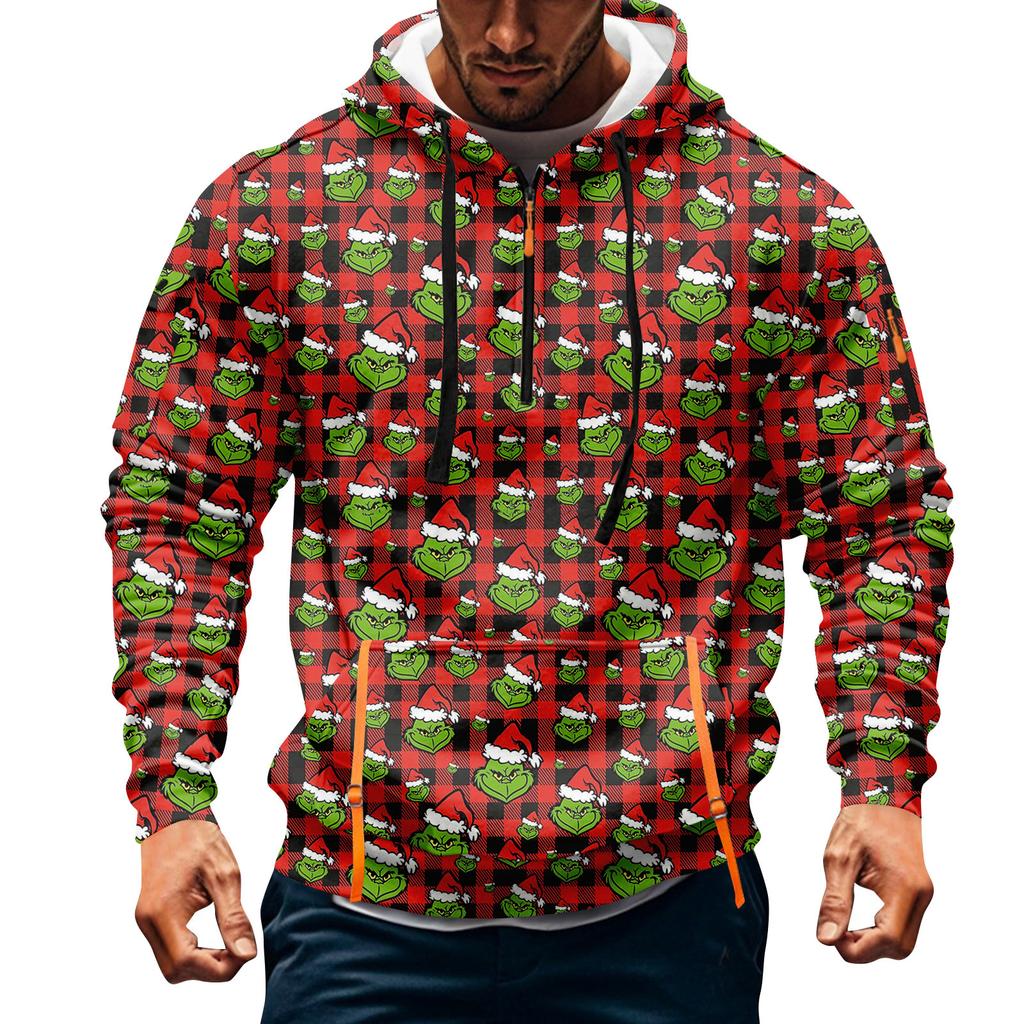 Men's Christmas Print Hooded Half-Zip Casual Sports Sweatshirt