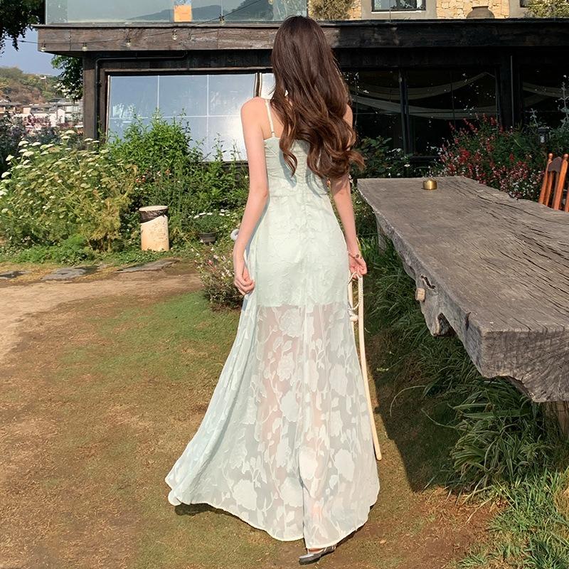 Mint Green Sleeveless Suspender Dress Women's Summer Seaside Vacation Wear Waist Beautiful Long Dress