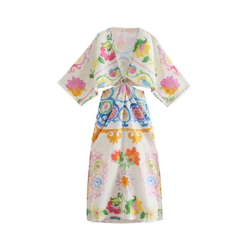 

Zbzr Весна Новинка Женская одежда Западный стиль Сексуальное платье с открытой талией и разрезом с принтом из льна 08342306050 Color [In Stock hair]] L