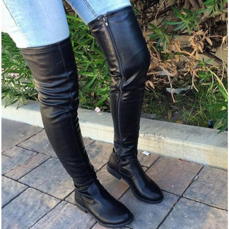 Fashion Chunky Heels Over Knee Boot Women Thigh High Flat Boots Ladies Solid Color Shiny Leather Large Boots Black Slim Shoes De Mujer