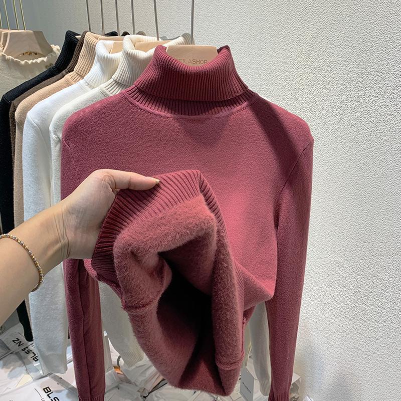 Turtleneck Sweater Women's Fleece Thickened New Integrated Mink Fleece Inner Top Shirt Women's Winter Thick