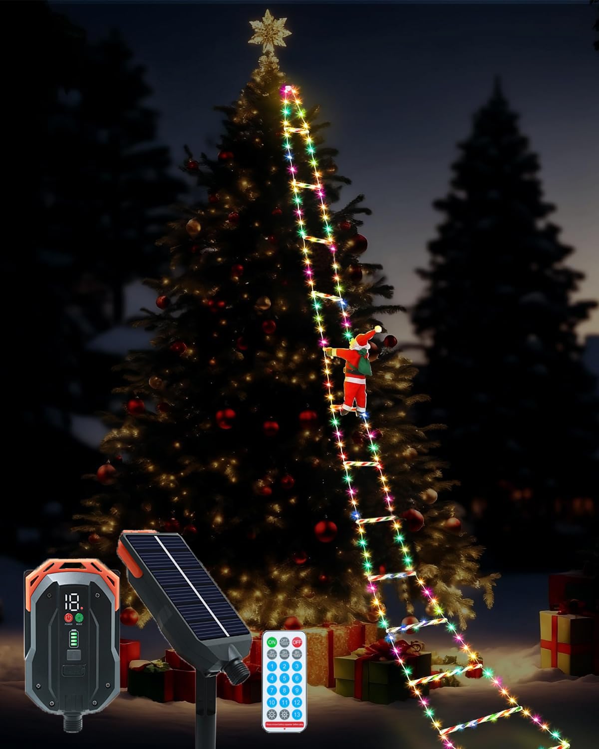 

V-Dank Solar-Powered Christmas String Lights, LED, Ladder, Santa Claus, USB Rechargeable, 228 Bulbs, 3M, Outdoor, Waterproof, Auto OnOff, 13 Modes,