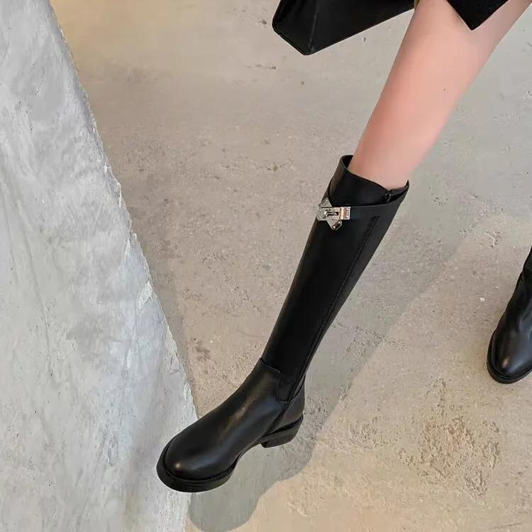 2025 Autumn Winter round Toe Belt Bule Long Boots Women Knee High Slimming Knight Boots Korean High Tube