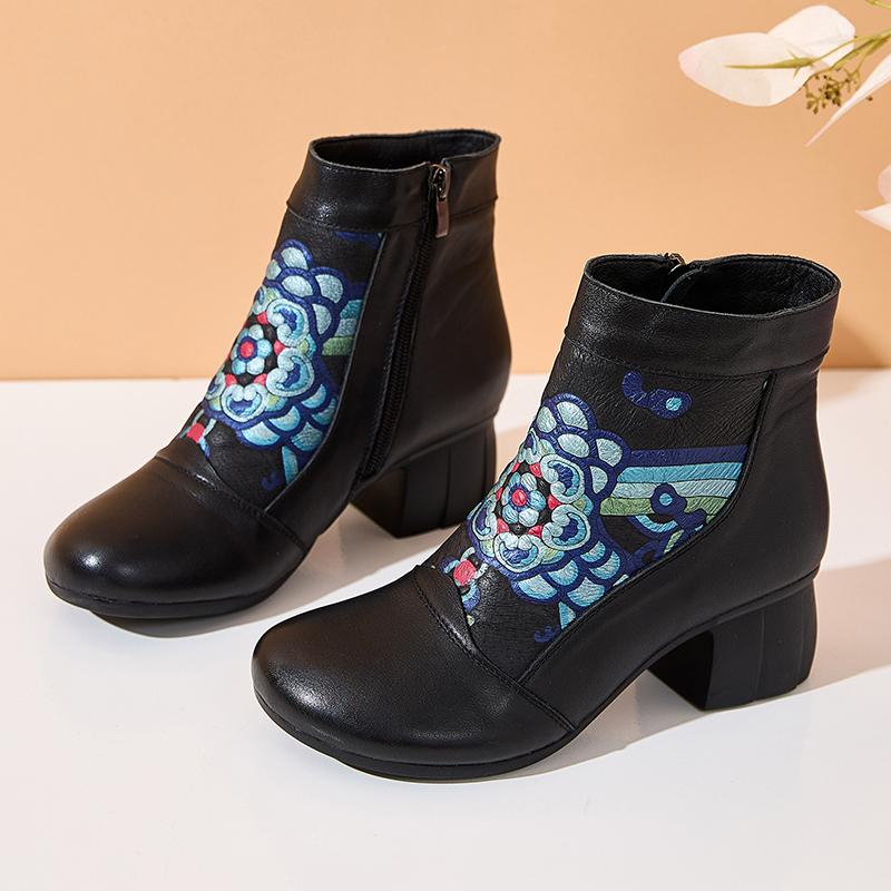 Fashion GKTINOO Autumn Winter Genuine Leather High Heels Ankle Boots For Women Boots Side Zipper Soft Comfortable Cow Leather Botas