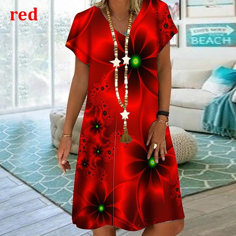 Plant Flowers Colorful 3D Printing Dress For Summer 2022 Women Vintage Short Sleeve Loose Dress Casual V-Neck