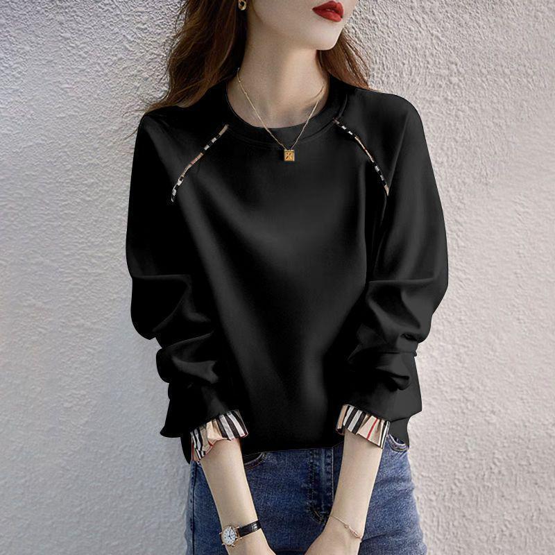 Women's Loose Fit Cotton Pullover - Korean Style, Long Sleeve, Round Neck, Fake Two-Piece, 2025 Spring/Autumn Collection