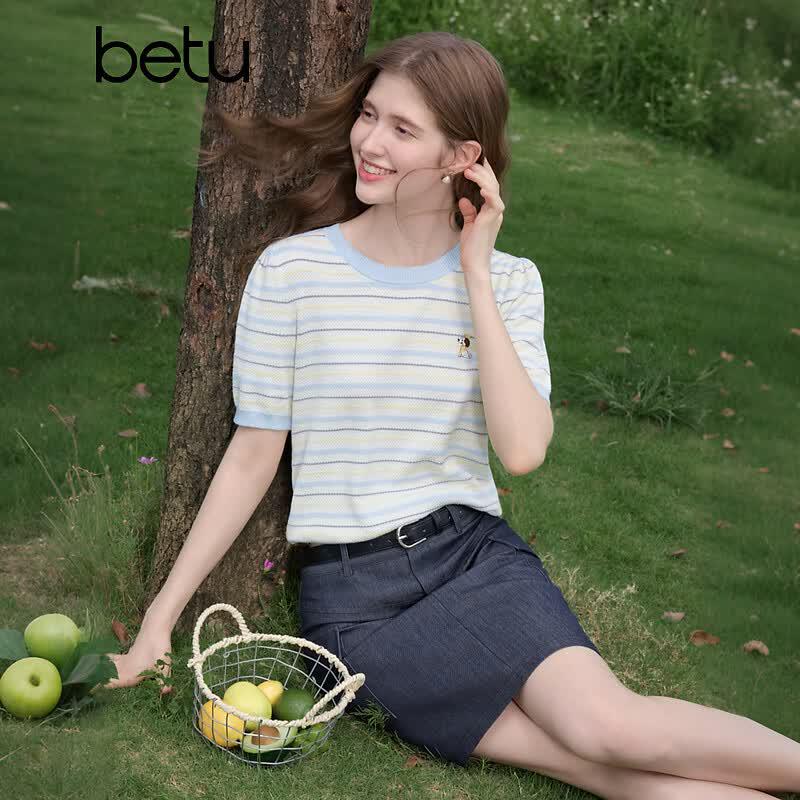 Betu Women s Striped Short Sleeve Knit Top M