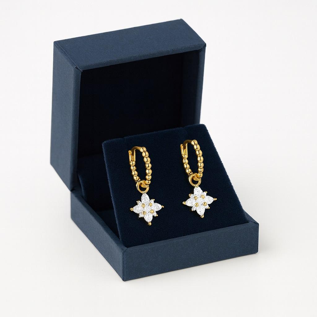 Beaded Star Drop Hoop Earrings - 925 Sterling Silver Gold Plated