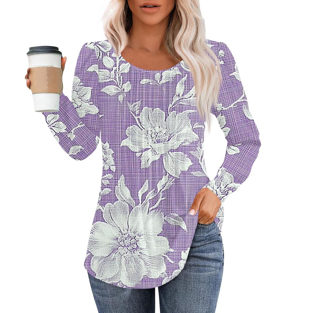 Damenmode Lässig Plissiert Rundhals Vintage Blumendruck Langarm T-Shirt Top