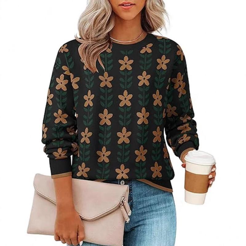 Floral Knit Sweater Crew Neck Long Sleeve Pullover Women