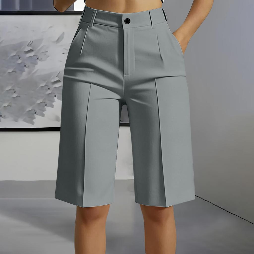 Women High Waist Straight Leg Tailored Bermuda Shorts Simple Design Office Style Knee Length Suit Shorts with Pockets