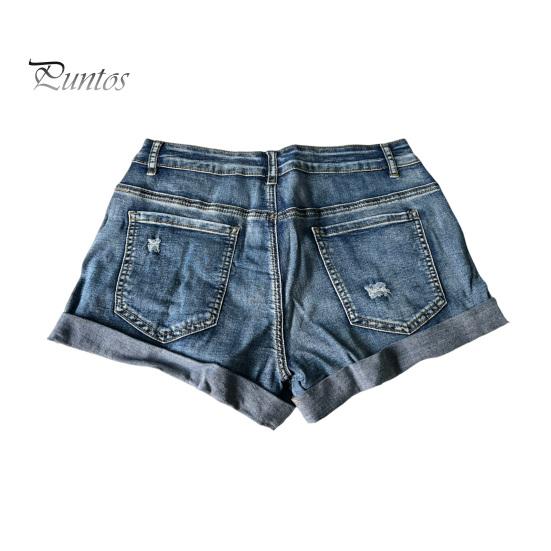 Pantaloni scurți din denim rupți pentru femei, talie medie, cu manșete rulate, elastici, pantaloni scurți de vară, distressed, cu buzunare