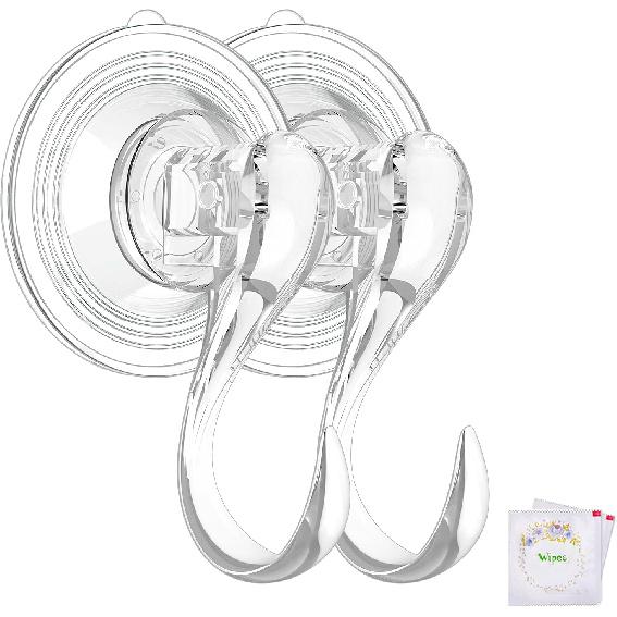 VIS'V Suction Cup Hooks, Small Shower Suction Hooks with Wipes, Heavy Duty, Removable and Reusable, Clear, 2 Pcs