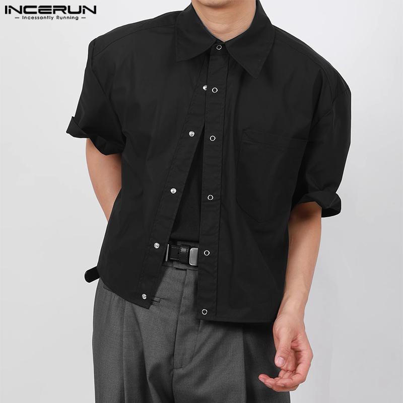 INCERUN Oversized Lapel Neck Short Sleeve Pocket Buttons Causal Shirts Tops