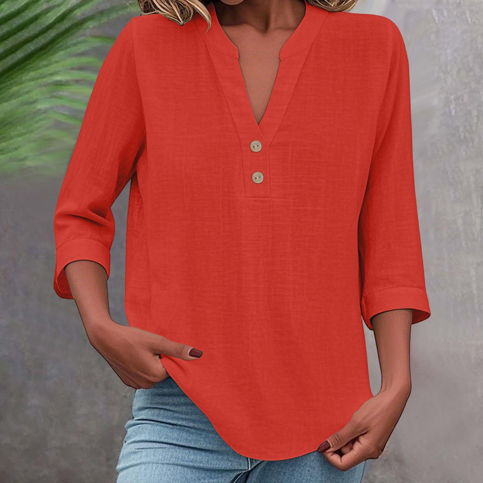 

3/4 Sleeve Linen Tops For Women Loose Fit V Neck Button Down Shirts Cute Solid Summer Beach Tee Shirts M червоний