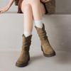 Krazing Pot Cow Suede Nubuck Winter Round Toe Western Boots Med Heels Pleated Decoration Women British School Mid-calf Boots