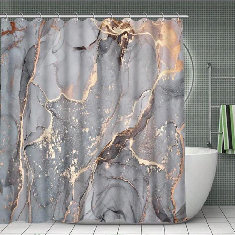 Grey Fashionable Golden Marble Patterned Bathroom Shower Curtain Waterproof