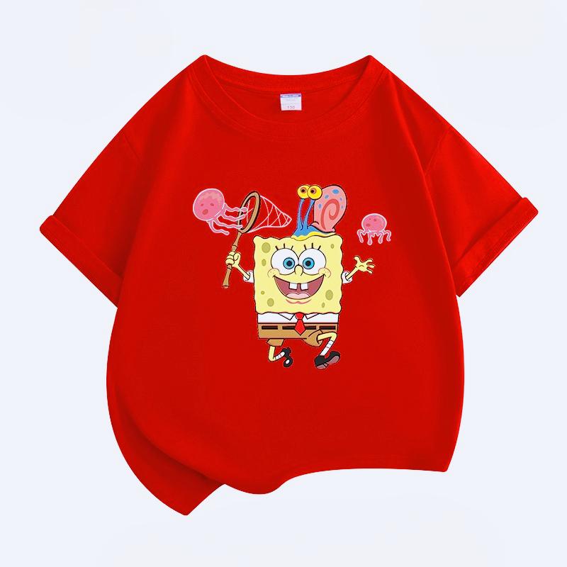 

SpongeBob SquarePants Kids Cartoon Print T-shirt Trendy Short Sleeve Top for Boys Girls Sweat-Absorbent Breathable Multi-Color 100