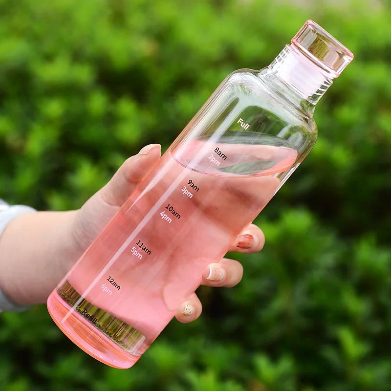 500ml Portable Water Bottle Heat Resistant Sealed Leak Proof Glass Bottle with Time Scale Student Outdoor Exquisite Water Cup