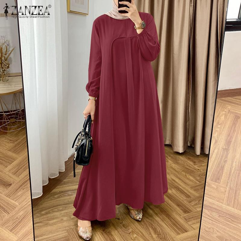 ZANZEA Women Muslim Casual O-neck Loose Long Sleeve Dress