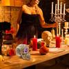 Halloween Gothic Glowing Skull, Human Skull with LED Light Up Glowing Eyes, Lighted Novelty Resin Statue, for Indoor Bar Holiday Horror Haunted House
