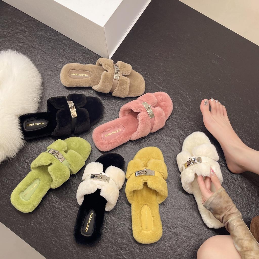 Korean version of fairy wind fluffy slippers female outer wear 2025 autumn and winter new Internet celebrity super fire fashion flat bottom cotton