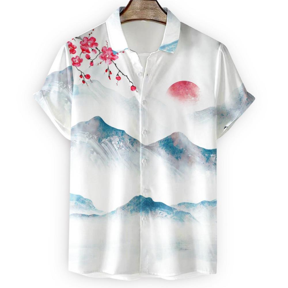 Japanese Flower Bird Print Fashion Men's Shirt Hawaiian Blouse Casual Loose Breathable Short Sleeve Outdoor Street Men's Clothes