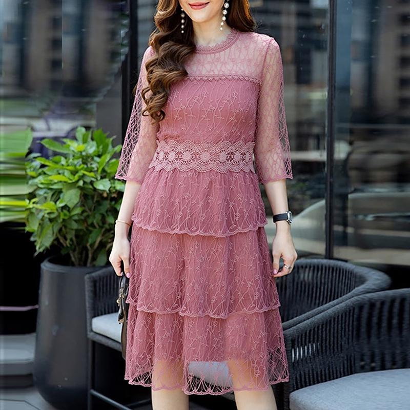 

ZANZEA Женское повседневное летнее платье с круглым вырезом, полурукавом и кружевной отделкой 5XL розовый