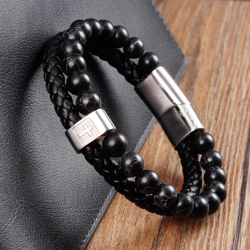 Leather Rope Cowhide Men's Cross Leather Woven Bracelet Natural Stone Multi-layer Leather Bracelet
