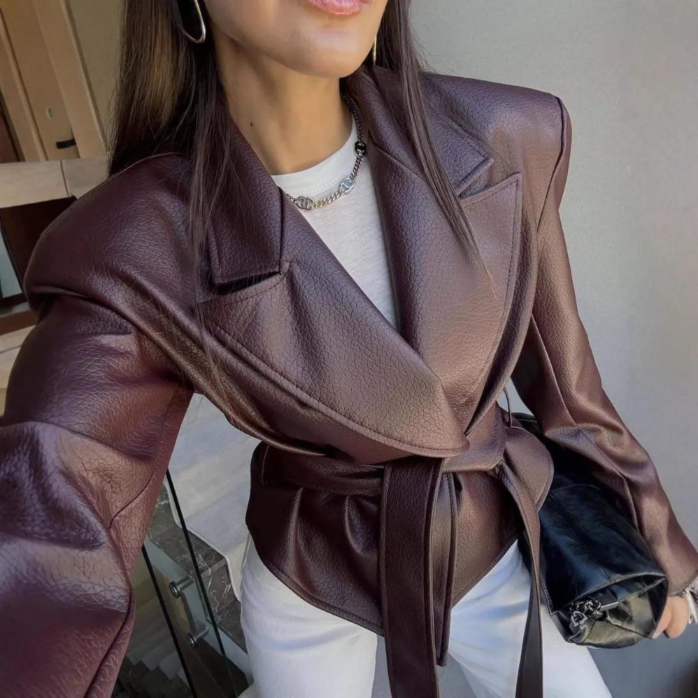Women's Clothing Motorcycle Cool Strap Temperament Leather Jacket Women With Belt Biker Jacket Coat