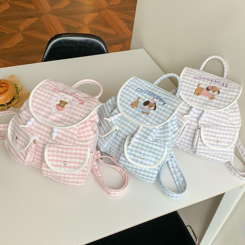 Letter Small Dog Embroidered Checkered Pattern Cartoon Backpack For Daily Use