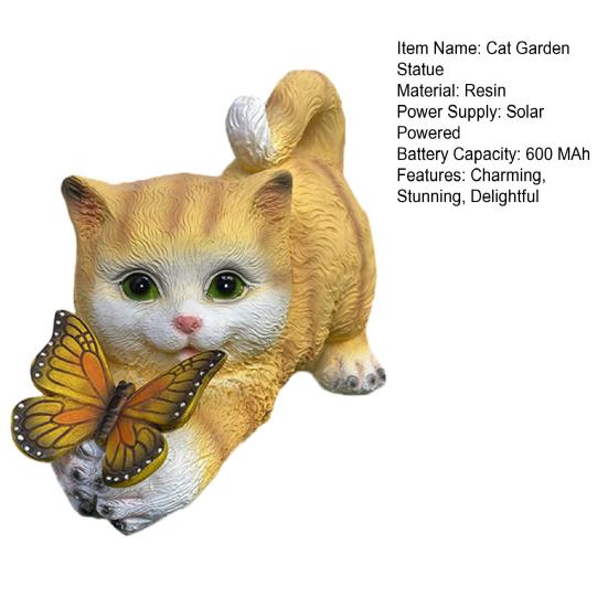 Solar Garden Cute Cat Statue with LED Butterfly Light Outdoor Waterproof Resin Sculpture for Porch Patio Balcony Lawn Yard Decor