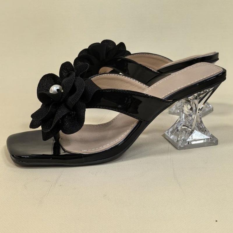 

Fashion Women s Flower Clip Toe Square Open-heeled Sandals Summer New Anti-slip Wear-resistant High-heeled Flip-flops 35 чорний