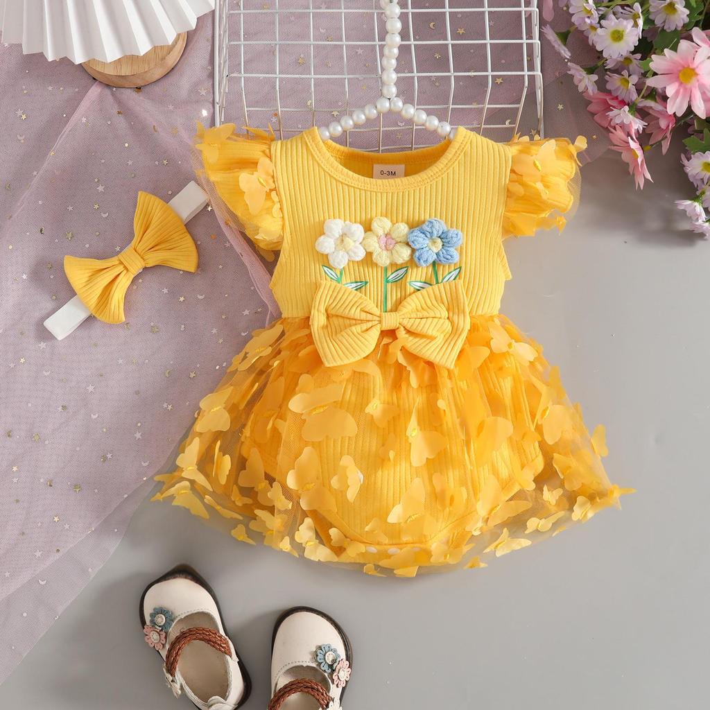 2026 Sommer Florales Baby-Kleid mit Puffärmeln & Geripptes Body-Set mit Haarreif & Schmetterlingsrock