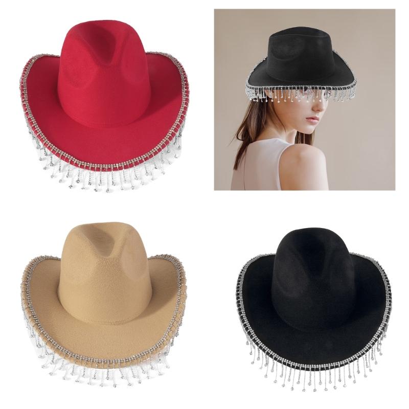 Trendy Cowboy Hat Denims Hat with Sparkling Rhinestones and Fringe Detail for Outdoor Activities Parties Halloween Hat