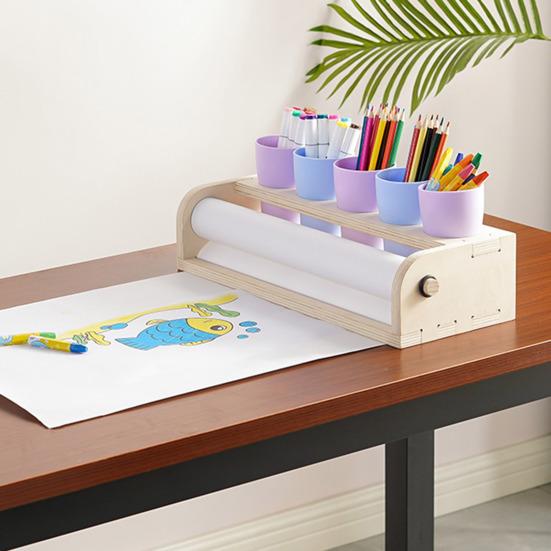 Wooden Paper Dispenser Desktop Paper Roll Holder Drawing Paper Roll Organizer with Pen Holder for School Art Studio Home