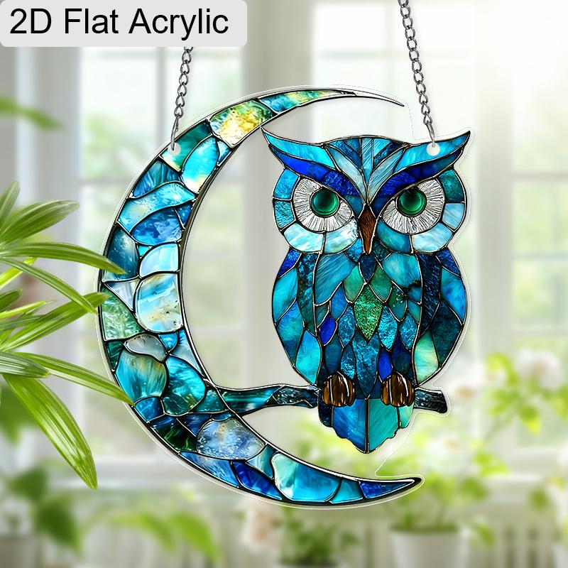 Acryl Blaue Eule auf Halbmond-Sonnfänger, Fensterbehang mit Buntglas-Effekt für Eulen- und Nachthimmelliebhaber Geschenke