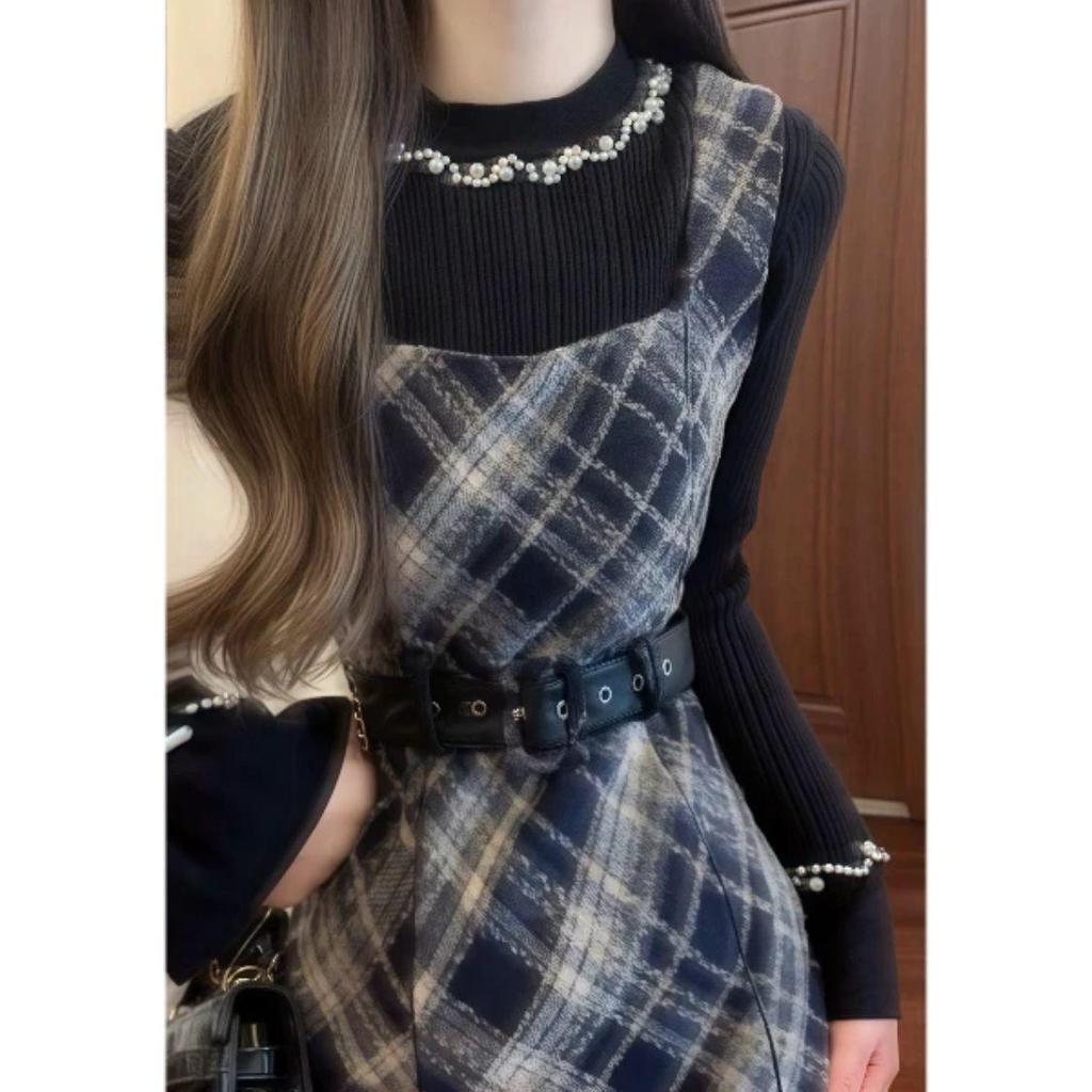 Plaid Wool Suspender Dress & Bell Sleeve Sweater Set - Slimming Waist, Autumn/Winter.