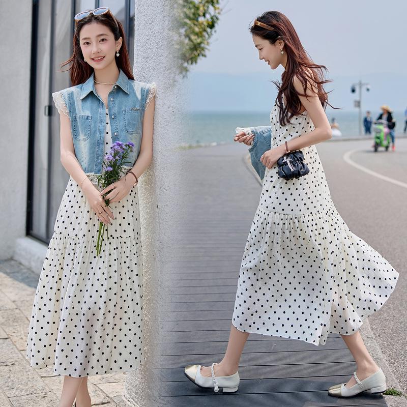 Women's Retro Denim Jacket & Polka Dot Slip Dress Set - 2025 Summer Fashion N66101